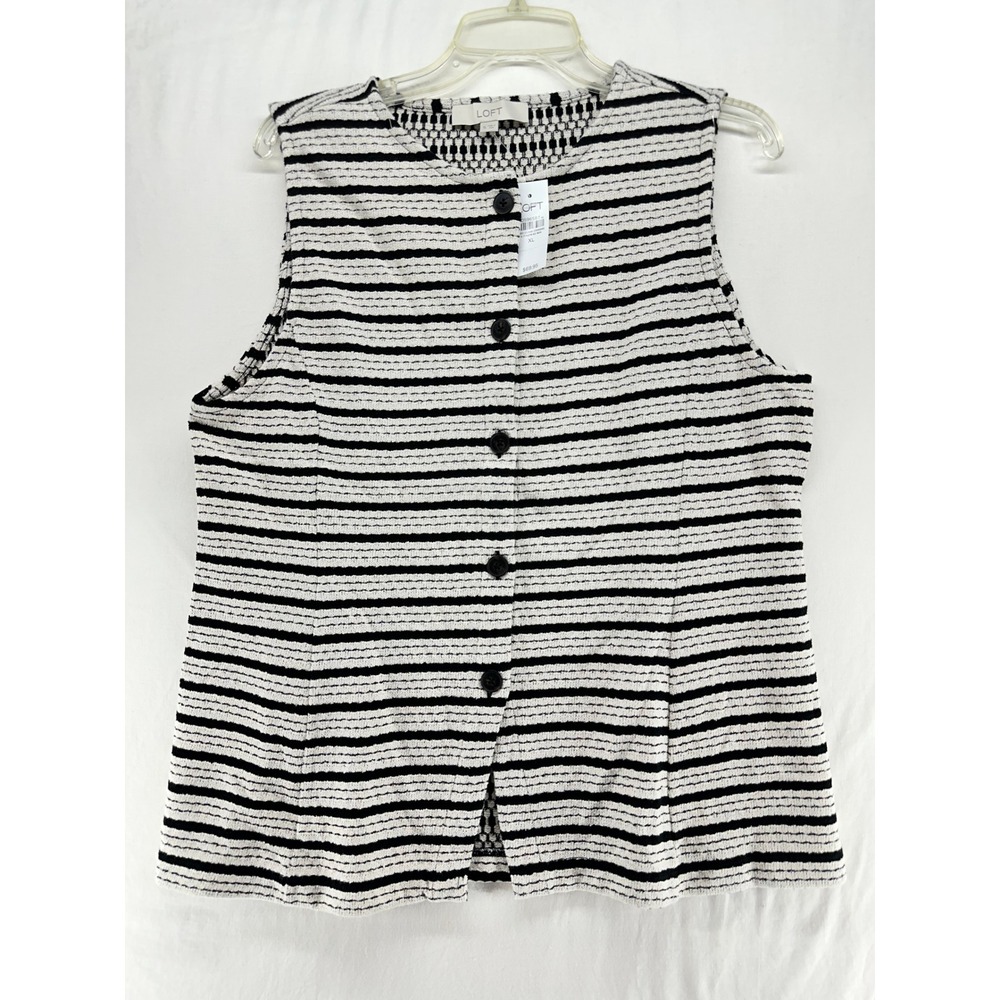 LOFT Womens XL Black White Striped Button Front Knit Vest Sleeveless Top NEW
